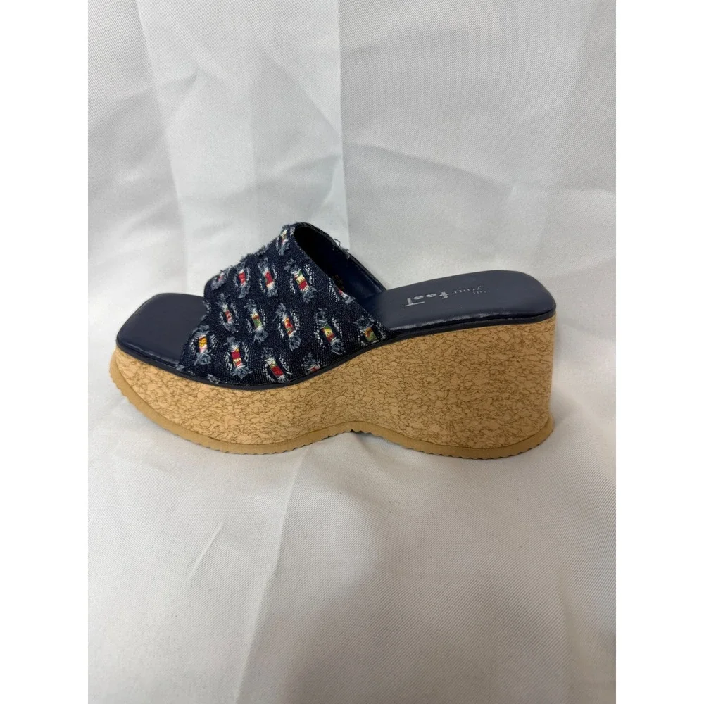 On‎ Your Feet Denim Embroidered Cork Platform Wedge Slide Sandals 7.5M